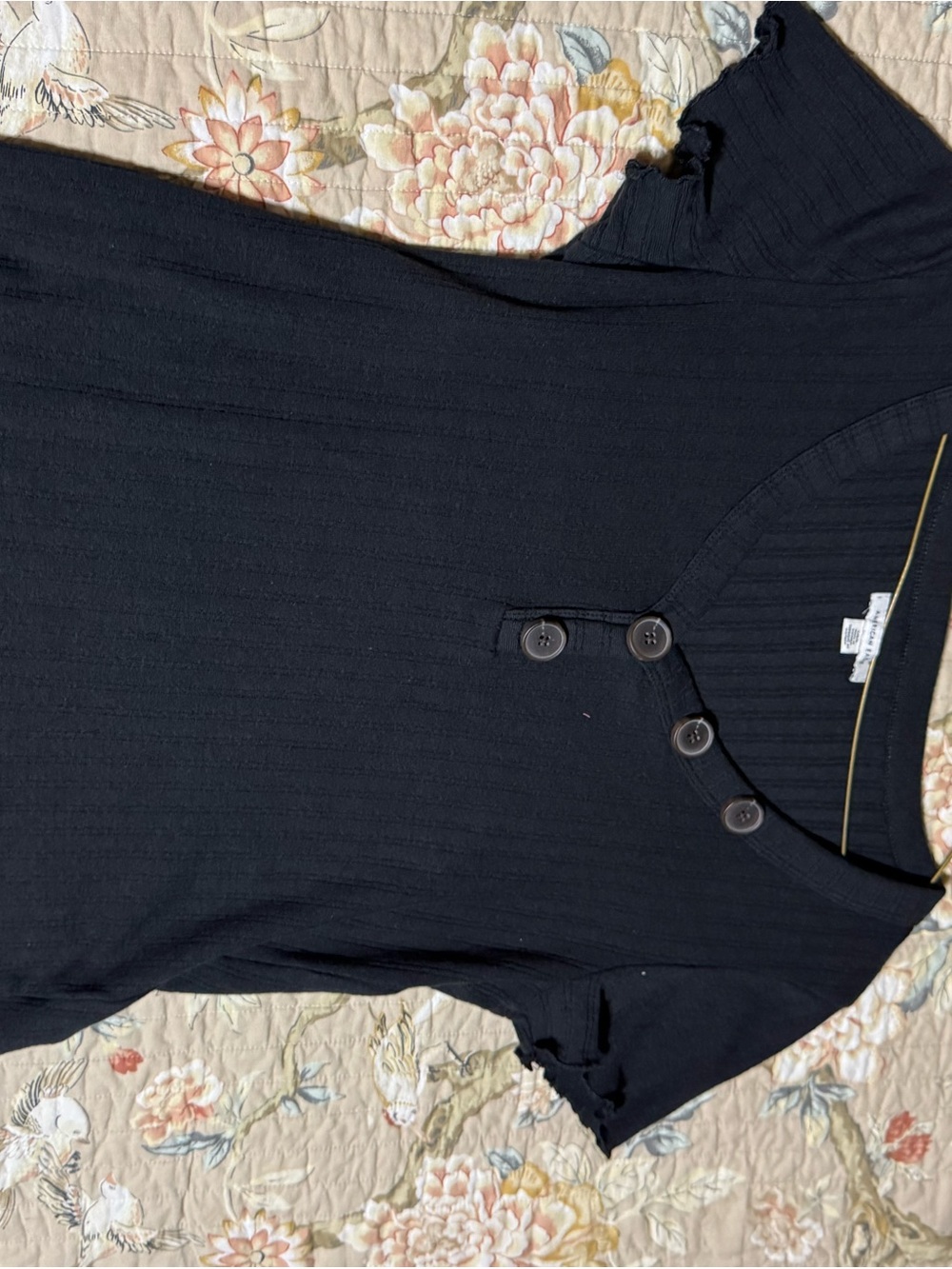 American Eagle Outfitters Black V-Neck Short-Sleeve Sweater with Button Placket